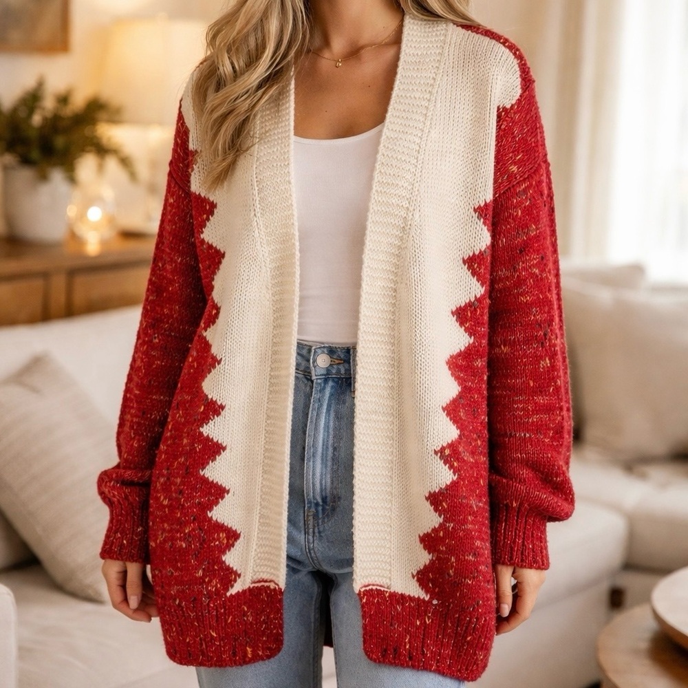 Bebeplus Chunky Knit Open Cardigan Sweater‎ M Red Cream Cozy Artsy Fall Winter